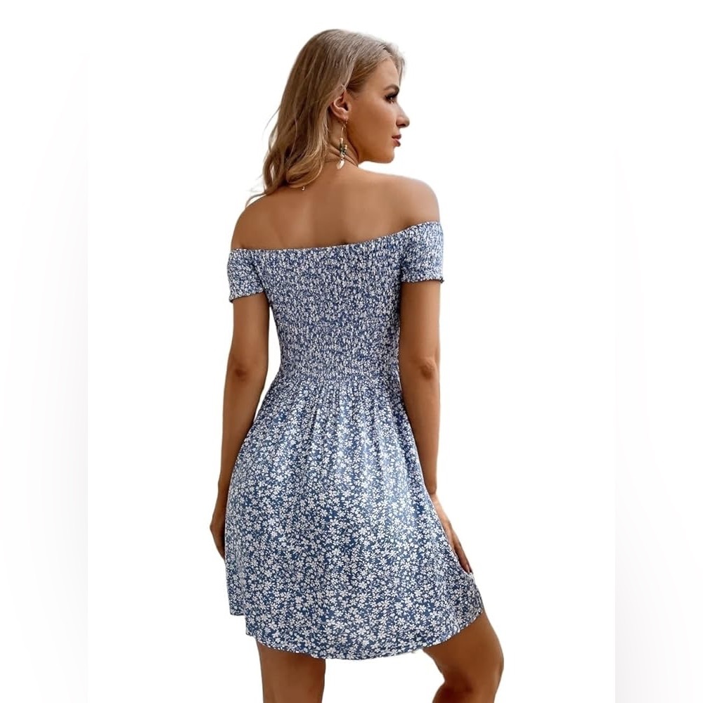 Small SHEIN Blue & White Off Shoulder Ditsy Print Summer Mini Dress Lightweight - Picture 2 of 3